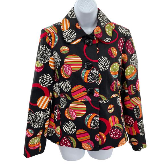 Acorn Black Colorful Fun Mixed Print Ball Shapes Long Sleeve Lined Jacket M - Picture 2 of 13